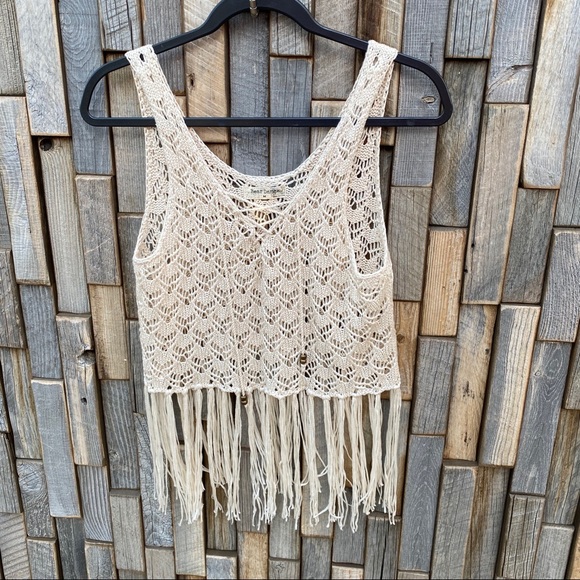 Bear Dance Tops - Woman tank top shirt crochet fringe medium hippie